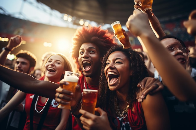 Freunde beobachten ein Fußballspiel im Fernsehen, jubeln und entspannen sich auf der Couch mit Bieren