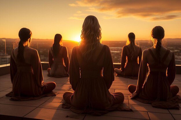 Freunde, die bei Sonnenaufgang auf einem Dach Yoga machen