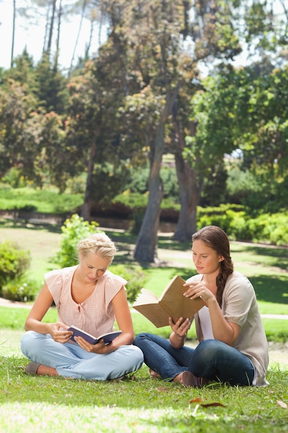 Freunde, die ihre Bücher im Park lesen