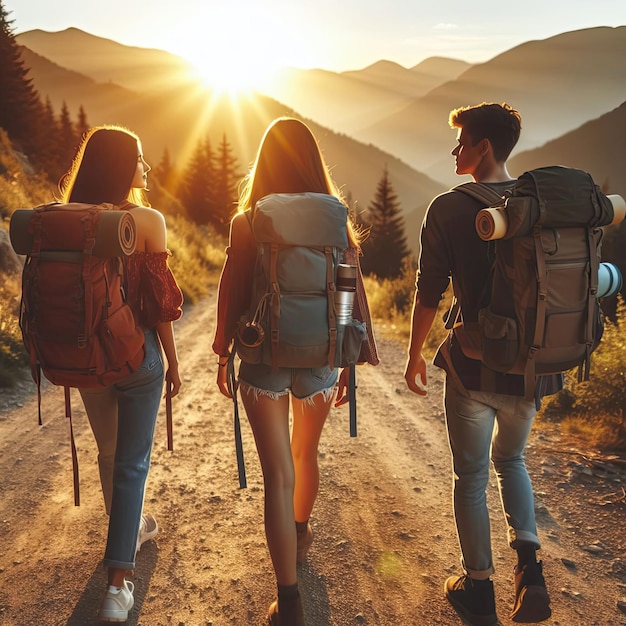 Freunde, die mit Rucksäcken im Sonnenuntergang spazieren gehen Konzept der Abenteuerreise