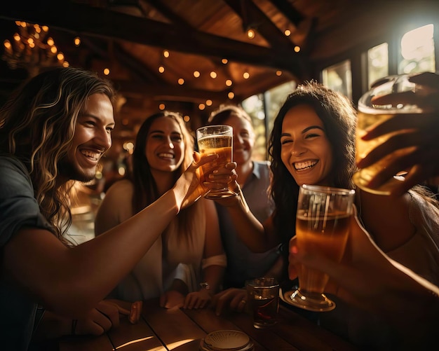 Freunde erheben ihre Gläser und trinken auf ihre lebenslange Freundschaft