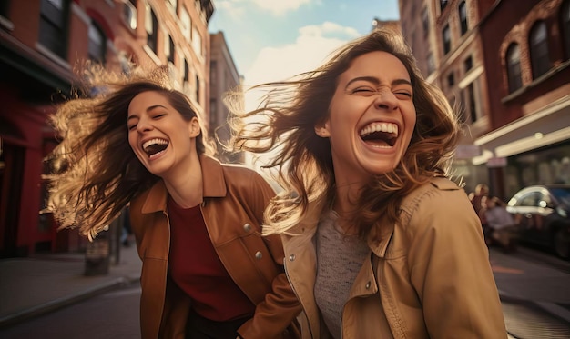 Freunde erkunden eine pulsierende Stadtlandschaft, während ihr Lachen und ihre Aufregung in der Luft liegen