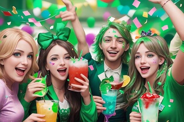 Foto freunde feiern am st. patrick's day mit getränken und konfetti