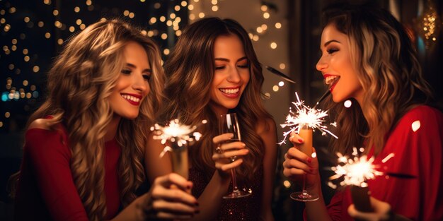 Freunde feiern Weihnachten oder Neujahr mit Champagnerbrennern