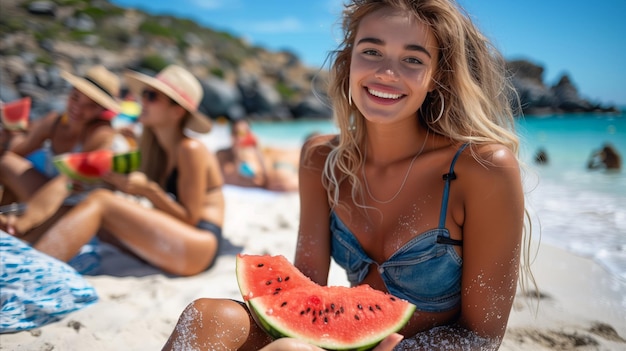 Freunde genießen die Sommerluft an einem sonnigen Strand