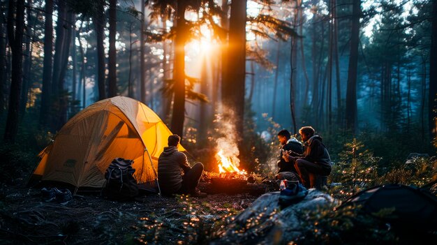 Freunde genießen ein Lagerfeuer im Wald bei DuskxA