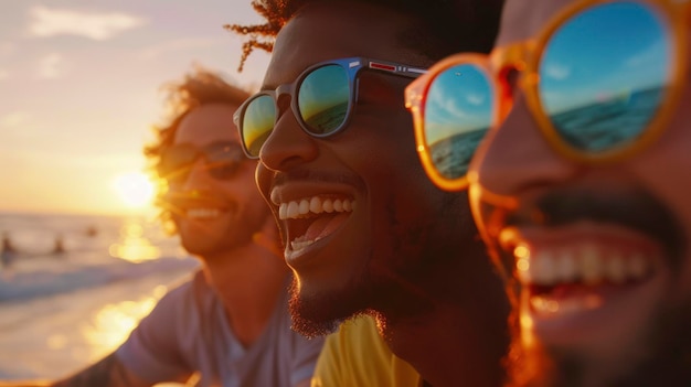 Freunde genießen einen Sonnenuntergang am Strand lebendige Sommererinnerungen