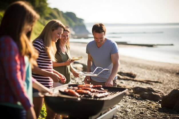 Foto freunde haben ein grillfest an einem sonnigen strand