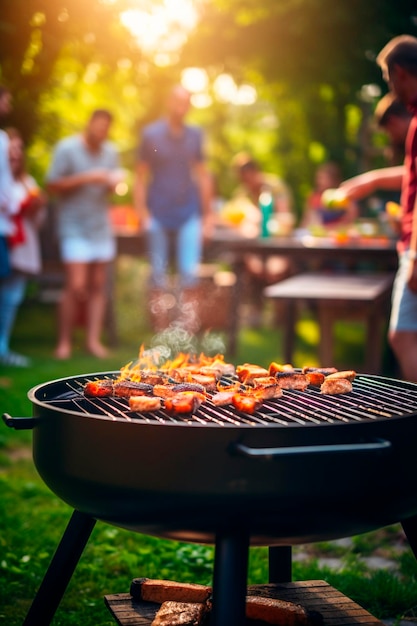 Freunde haben einen Grillfest im Garten, selektiver Fokus