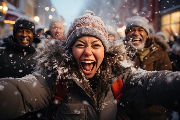 Freunde haben Spaß an stoßenden Schneebällen unter glitzerndem Schnee, der IA erzeugt