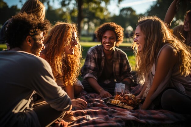 Freunde haben Spaß daran, im Freien generative IA zu finden