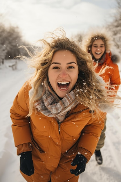 Freunde in warmer Kleidung laufen im Schnee Generative KI