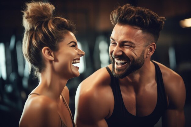 Freunde lachen beim Training im Fitnessstudio. Erzeuge KI