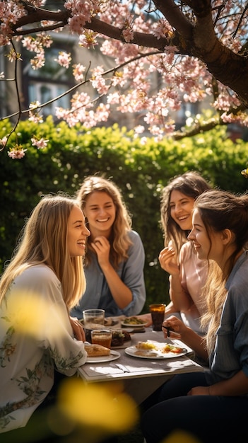 Freunde lachen und essen unter den Blütenbäumen in einem Frühlingsgarten