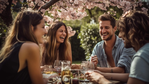 Freunde lachen und essen unter den Blütenbäumen in einem Frühlingsgarten