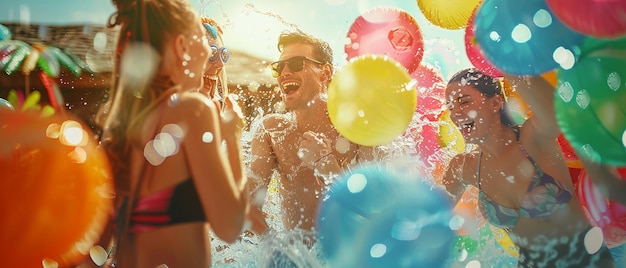 Freunde lachen und spritzen sich gegenseitig im Pool