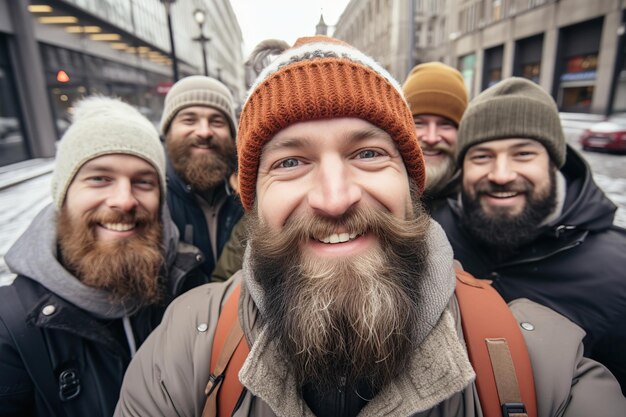 Freunde machen Selfie in der verschneiten Stadt, KI generiert