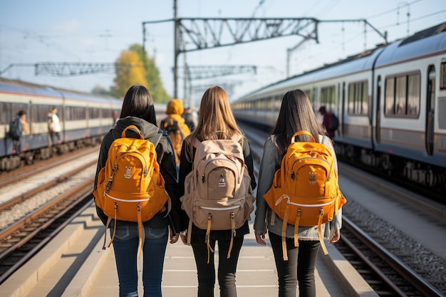 Freunde Mädchen mit Rucksäcken am Bahnhof warten auf Zug Rückansicht Mädchen Touristen bereit für die Reise