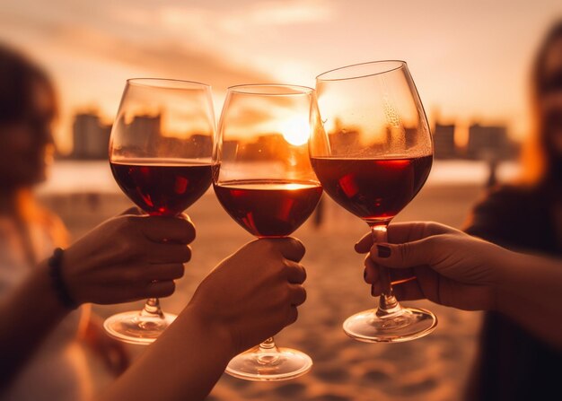 Freunde mit einem Glas Wein jubeln an der Strandpromenade bei Sonnenuntergang Meer Sommer