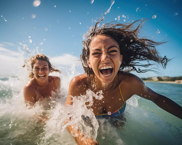 Freunde planschen im Meer, ihre Freude und ihr Lachen hallen durch den Strand