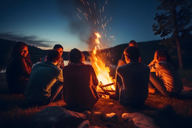 Freunde sitzen am Lagerfeuer, erzählen Geschichten und schaffen lebenslange Erinnerungen