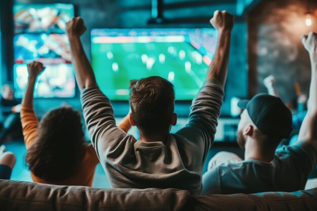 Freunde sitzen auf der Couch und schauen Fußball im Fernsehen