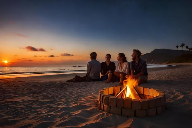 Freunde sitzen bei Sonnenuntergang am Lagerfeuer am Strand
