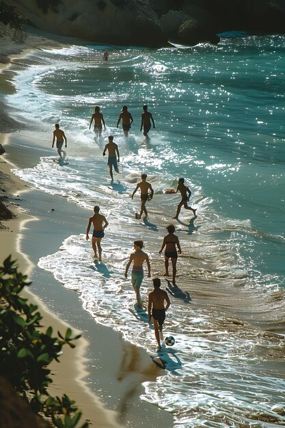 Freunde spielen Fußball auf einem Sandstrand gegen Nachbarn Urlaubsaktivitäten Hintergrund