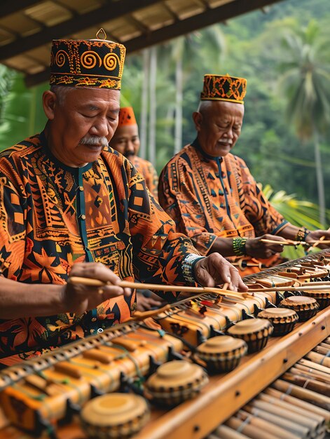 Foto freunde spielen traditionelle musikinstrumente im madai neighbor holiday creative background