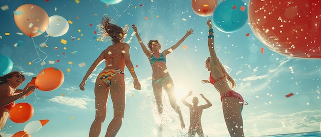 Freunde springen für einen Sommer-Splash in einen Pool