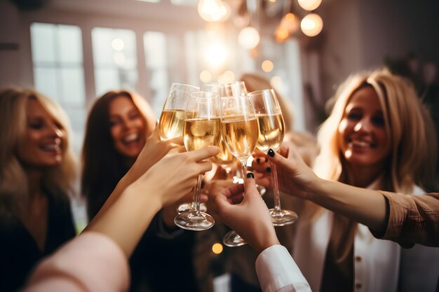 Freunde stoßen mit einem Glas Champagner an und läuten voller Freude das neue Jahr ein