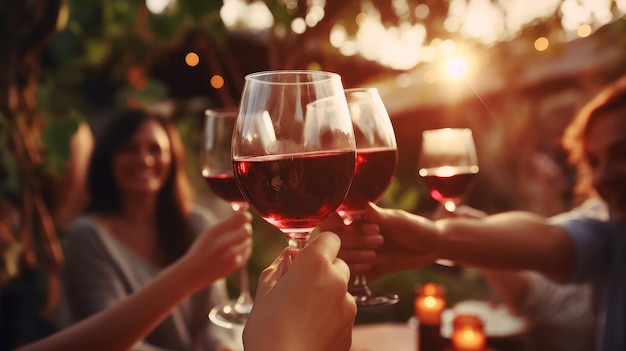 Freunde stoßen mit einem Glas Wein an