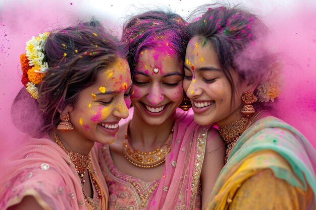 Freunde teilen sich das Lachen inmitten eines Ausbruchs von rosa Holi-Pulver Gesichter strahlen von Glück