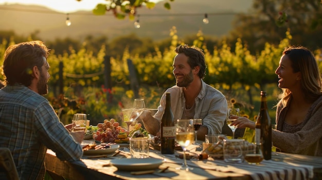 Freunde teilen sich eine Mahlzeit an einem rustikalen Tisch im Freien in einem Weinberg mit Lachen und Geschichten, die so frei wie der Wein fließen