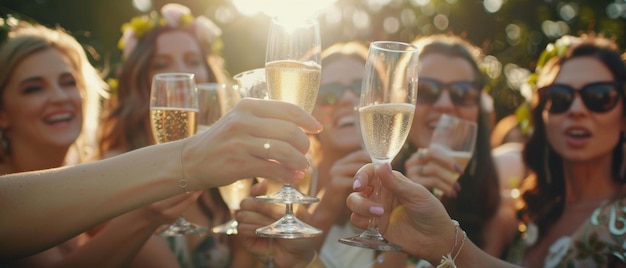 Freunde trinken freudig mit Champagner bei einer sonnigen Feier im Freien