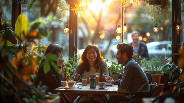 Foto freunde unterhalten sich und amüsieren sich zusammen im cappuccino-restaurant