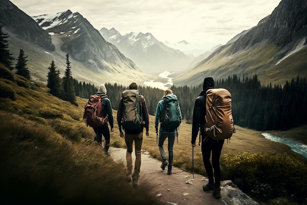 Foto freunde wandern in malerischen bergen ai