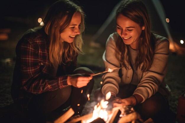 Foto freundinnen, die marshmallows an einem lagerfeuer braten