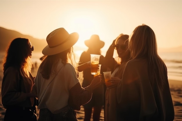 Freundinnen jubeln mit Bier auf der Sommerstrandparty des Musikfestivals
