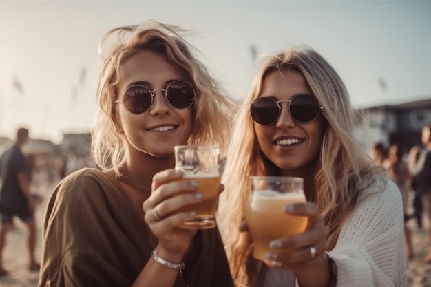 Freundinnen jubeln mit Bier auf der Sommerstrandparty des Musikfestivals