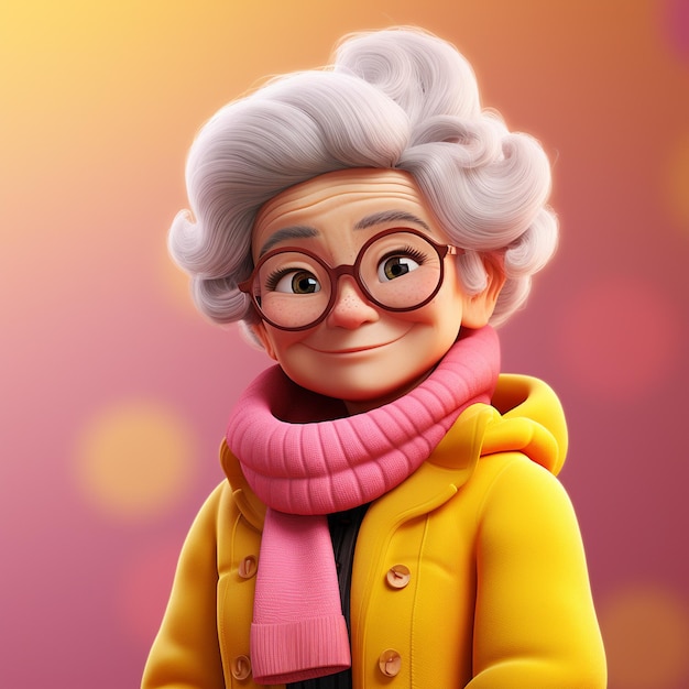 Freundliche alte Frau im Pixar-Stil in Gelb und Rosa