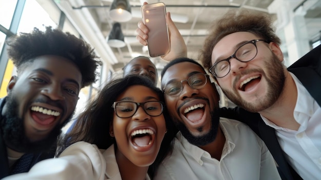 Freundliche junge bi-rassische Arbeiter-Kollegen haben Spaß am Arbeitsplatz schießen süße dumme Selbstbilder auf ph