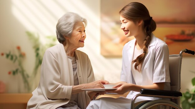 Foto freundliche krankenschwester, die eine ältere dame unterstützt