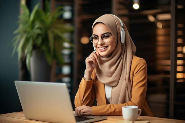 Freundliche muslimische Frau lächelt, während sie an Laptop Generative Ai arbeitet