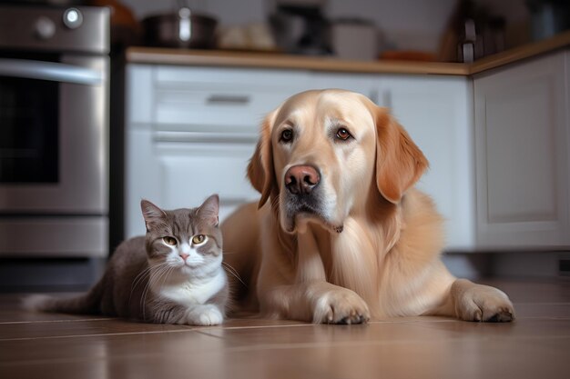 Freundliche reinrassige Katzen und Hunde sitzen in der Küche. Generative KI