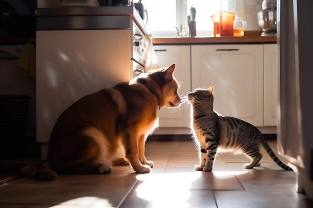 Freundliche reinrassige Katzen und Hunde sitzen zu Hause. Generative KI