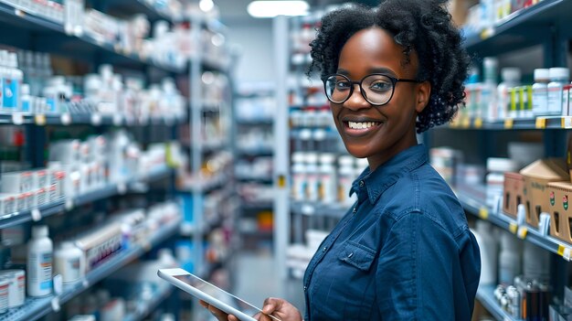 Freundlicher Apotheker, der Regale mit Medikamenten versorgt, Gesundheitsarbeiter lächelt in der Apotheke, Fachmann, vielfältige medizinische Umgebung, KI