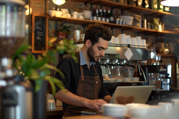 Freundlicher Barista arbeitet an einem Laptop in einem Café mit künstlicher Intelligenz