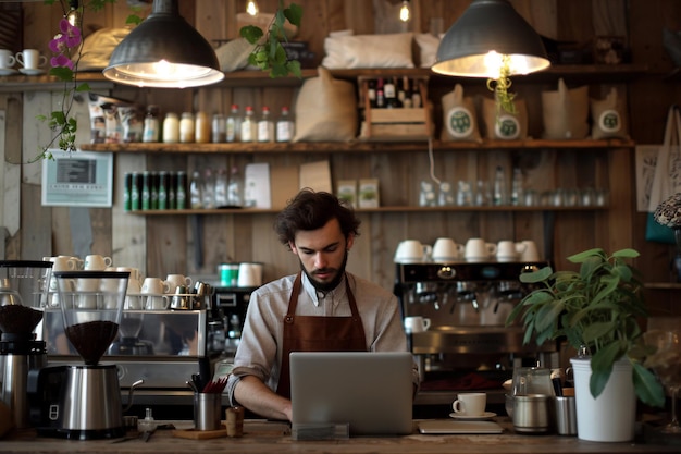 Freundlicher Barista arbeitet an einem Laptop in einem Café mit künstlicher Intelligenz