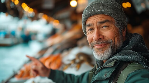 Freundlicher Fischhändler gibt Thumbsup Fischmarktstand Meeresfrüchte Marktkonzept Design Werbung